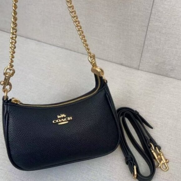 Coach Black Leather Shoulder Bag, Gold Zip Closure - Picture 8 of 8